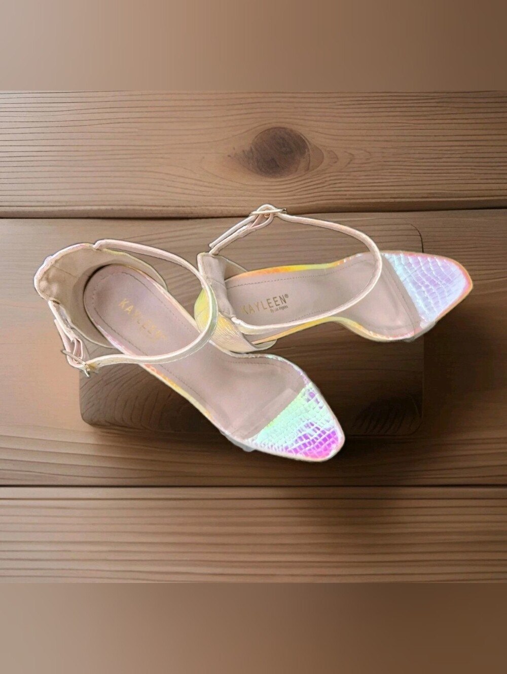 Kayleery Mellona 35 Iridescent Holographic Block Heel Ankle Clear Strap Size 8